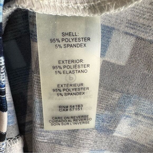 Calvin Klein black blue and white abstract print pleated neck top size large - Picture 6 of 8